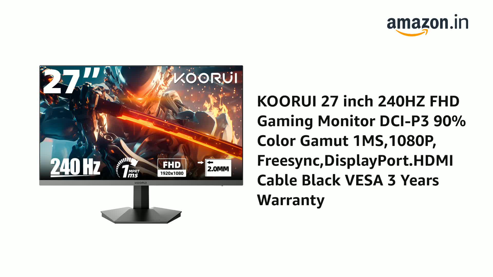 KOORUI 27 inch 240HZ FHD Gaming Monitor DCI-P3 90% Color Gamut 1MS